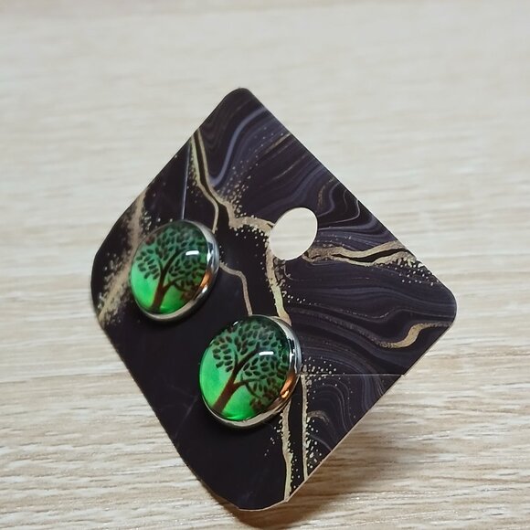 Handmade Silver Tone with Green Tree of Life Stud Earrings Fashion Jewelry #86 - Picture 8 of 11